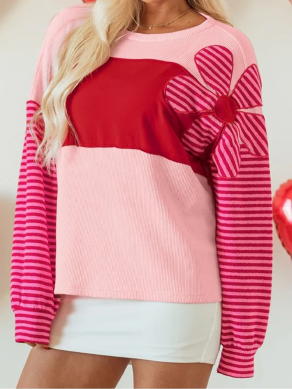Pink & Red Flower Applique Striped Sleeve Sweater